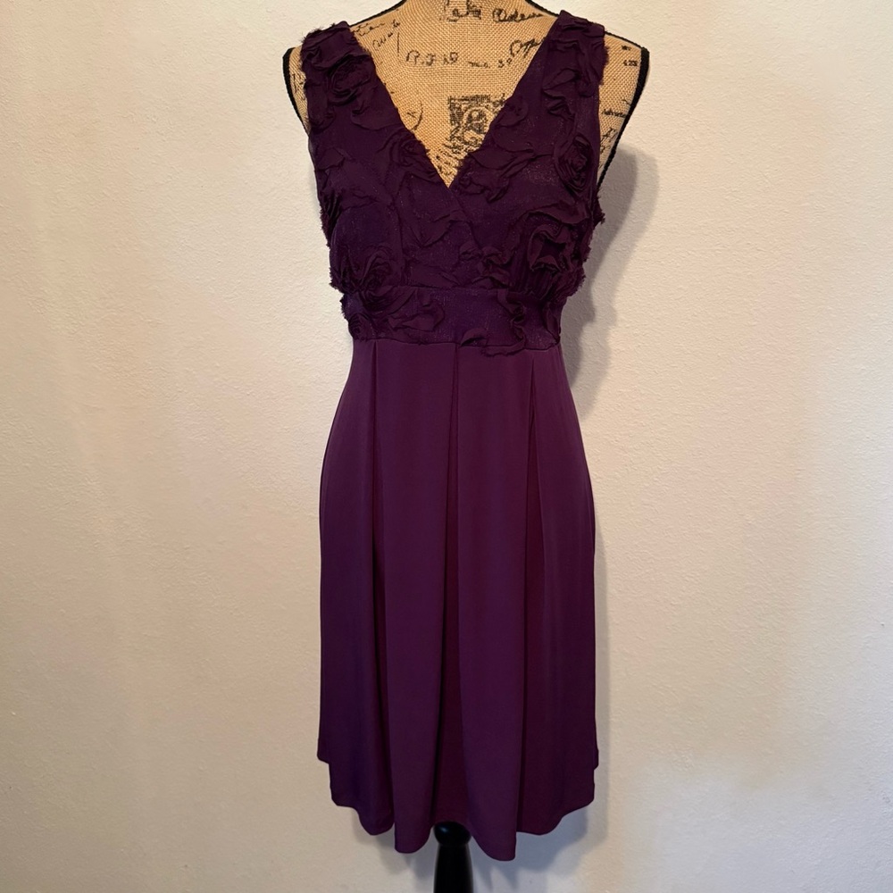 Sleeveless purple dress with a floral appliqué bodice size 10
